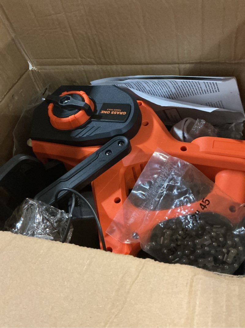 Condition photo showing As Is for 12-inch brushless cordless chainsaw, electric chainsaw with 49.6 ft/s chain speed & 42v (2 x 21v max) 4.0ah batteries with power display, auto oiling, wood cutting & tree trimming, power gift for dad orange-12inch