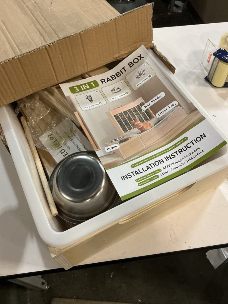 Condition photo showing Good Condition for 3 in 1 extra large rabbit hay feeder with litter box, wooden bunny toilet, for large and medium-sized dwarf rabbit, guinea pig, chinchillas, hamster, ferret, other animals brown enormous