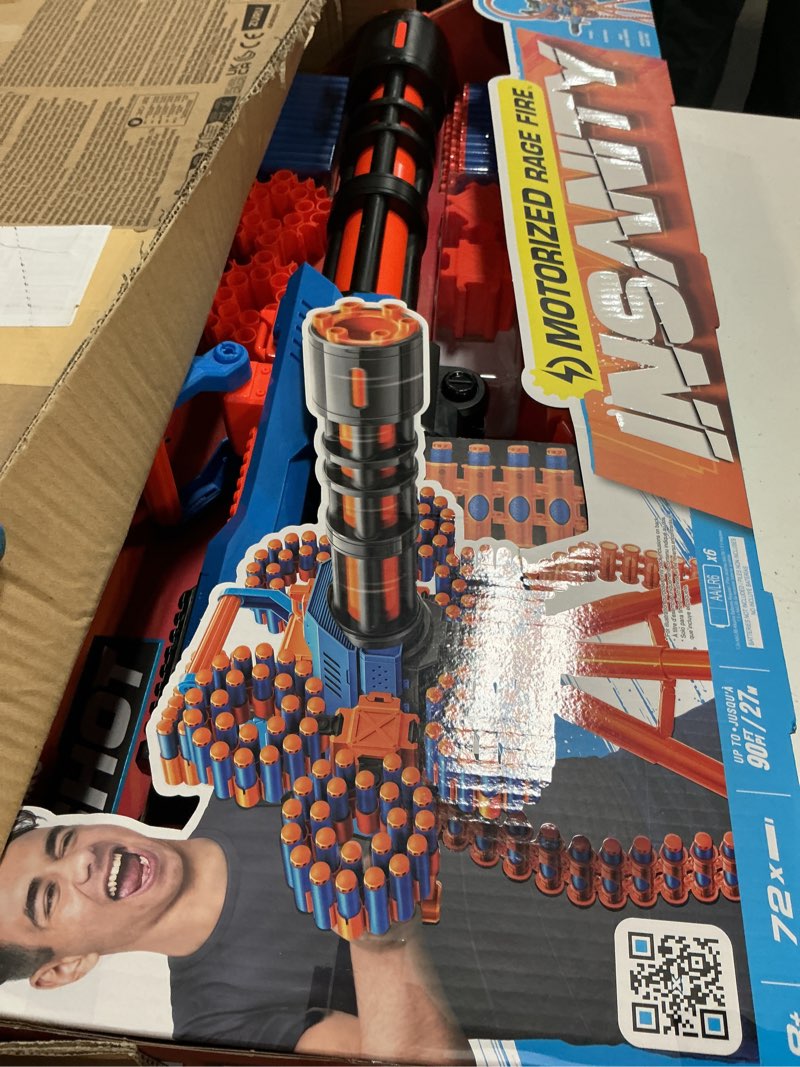 Condition photo showing New/Like New for x-shot insanity motorized rage fire by zuru 72 darts, air pocket technology darts, dart storage, blasting power, auto feeding belt, tripod & scope, outdoor toy for boys, girls, teens, adults