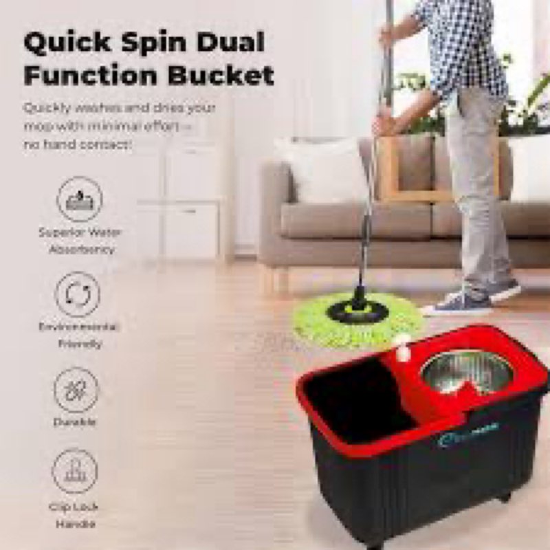 simpli-magic 360° spin mop and bucket with wringer – 3 high-absorbent microfiber washable heads – sp