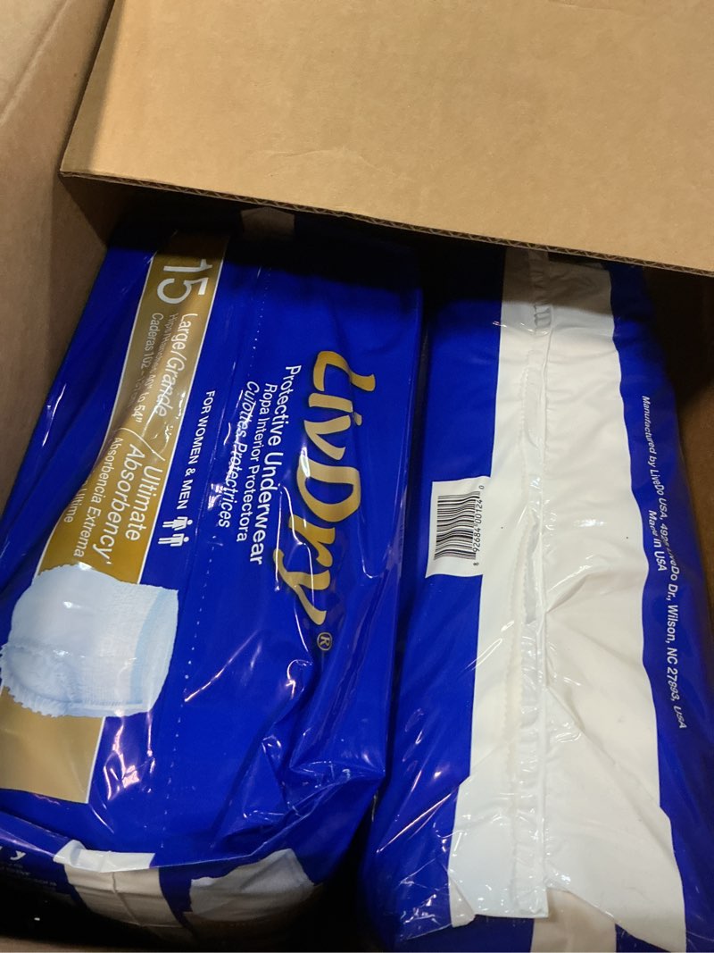 Condition photo showing Good Condition for 2 pack livdry large ultimate adult incontinence underwear, high absorbency, leak cuff protection, l, 60-pack large (60 count)