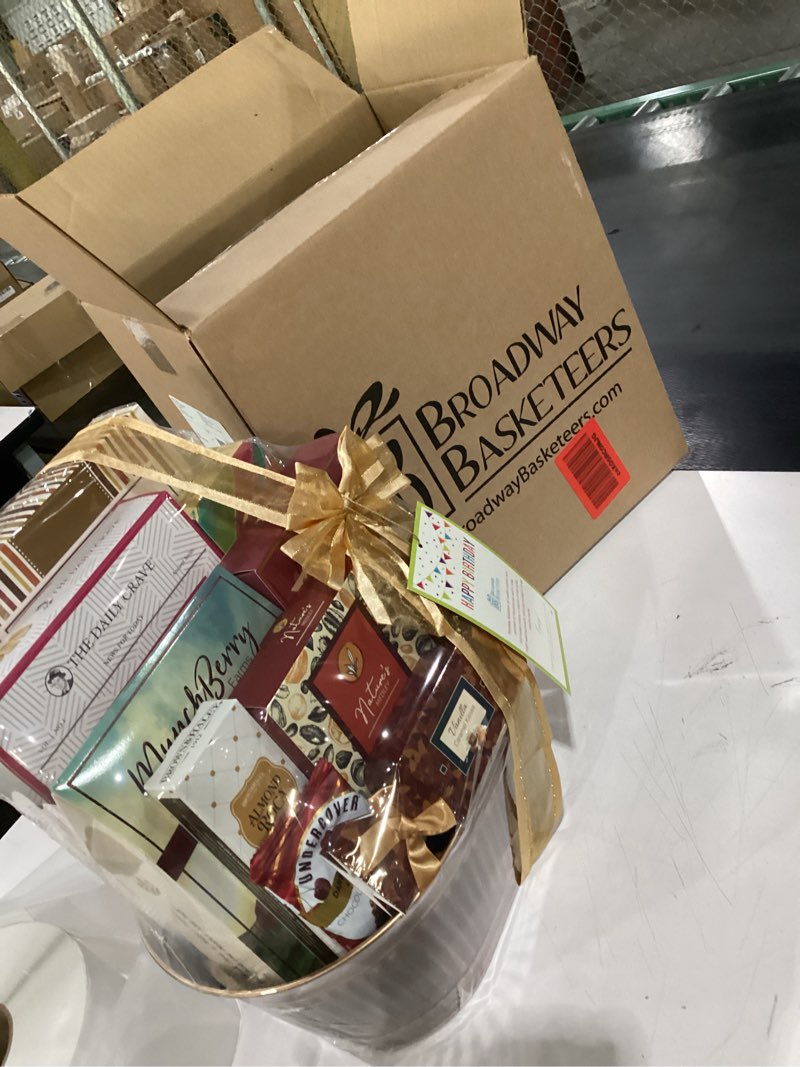 Condition photo showing New/Like New for Broadway Basketeers Birthday Gift Basket – Gourmet Snacks & Sweet Treat Box with Cookies, Candy, Chocolates & more - Food Gift Basket for Women, Men & Families - Happy Birthday Surprise Box, Kosher