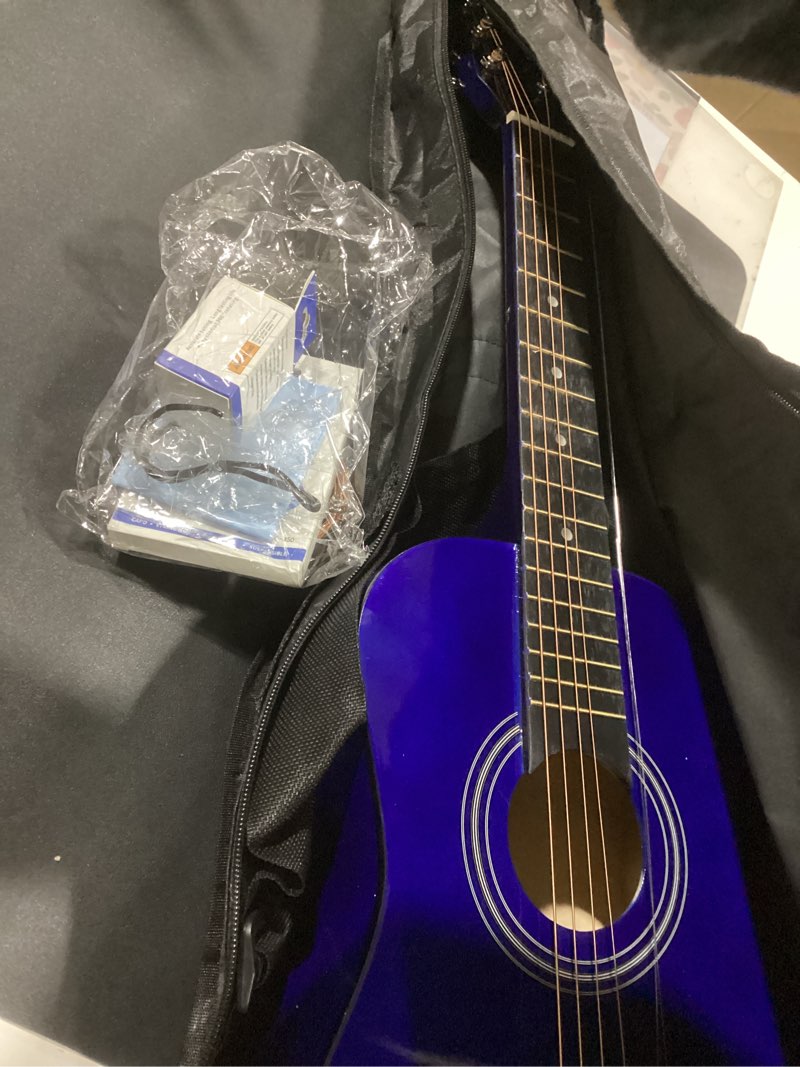 Condition photo showing Good Condition for Acoustic Guitar For Kids By MasterPlay- 30” Beginner Guitar For Learners- Accoustic String Starter Kit: Guitar Bag, Tuner, Strap, Extra Strings, Picks, Wash Cloth, Capo (Blua) Right Handed Blue