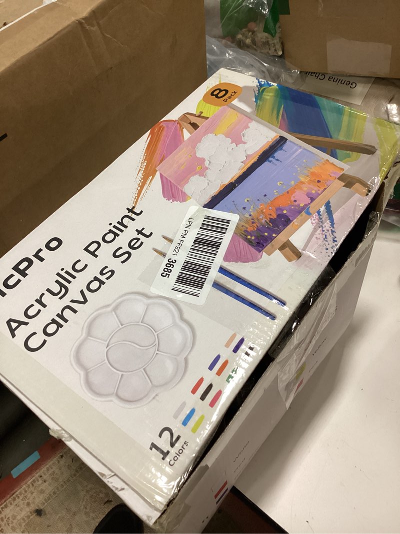 Condition photo showing New/Like New for Nicpro 8 Pack 8×10 Inch Canvas Boards Kits for Painting, Art Canvas Set with 16 Brushes, 8 Paint Trays, 8 × 12 Acrylic Paint, Mini Drawing Easel Set, Sip and Paint Kit for Adults & Kids Party