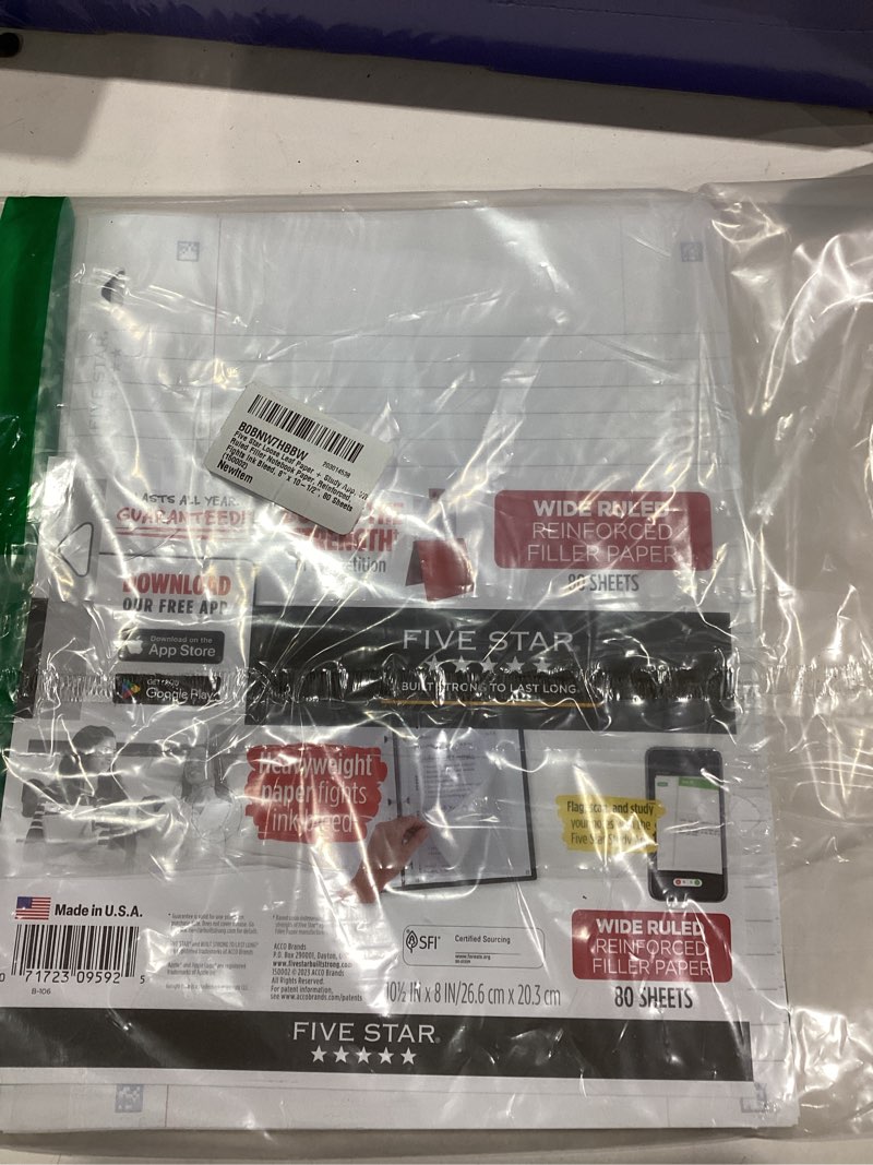Condition photo showing Good Condition for Five Star Loose Leaf Paper + Study App, Wide Ruled Filler Notebook Paper, Reinforced, Fights Ink Bleed, 8" x 10-1/2", 80 Sheets (150002)