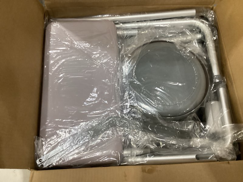 Condition photo showing New/Like New for bedside commode with padded seat & backrest, aluminum toilet with 6.5 qt bucket, easy-clean, 350 lb capacity enhanced crossbar, portable toilet for seniors with paper holder & newspaper bag