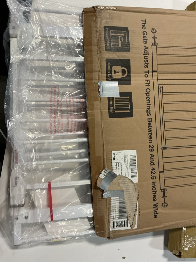 Condition photo showing As Is for keny 29"-42.5" baby gate for stairs, auto close safety dog gate, pressure mounted easy walk through pet gate for doorways, durable stair gate, 30" tall, white white 29-42.5"wide, 30"tall
