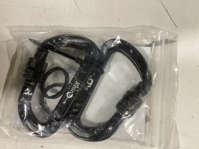 Condition photo showing Good Condition for 12kn (2697 lbs) heavy duty carabiner clips, for securing pets, outdoor, camping, hiking, hammock, dog leash harness, keychains locking black