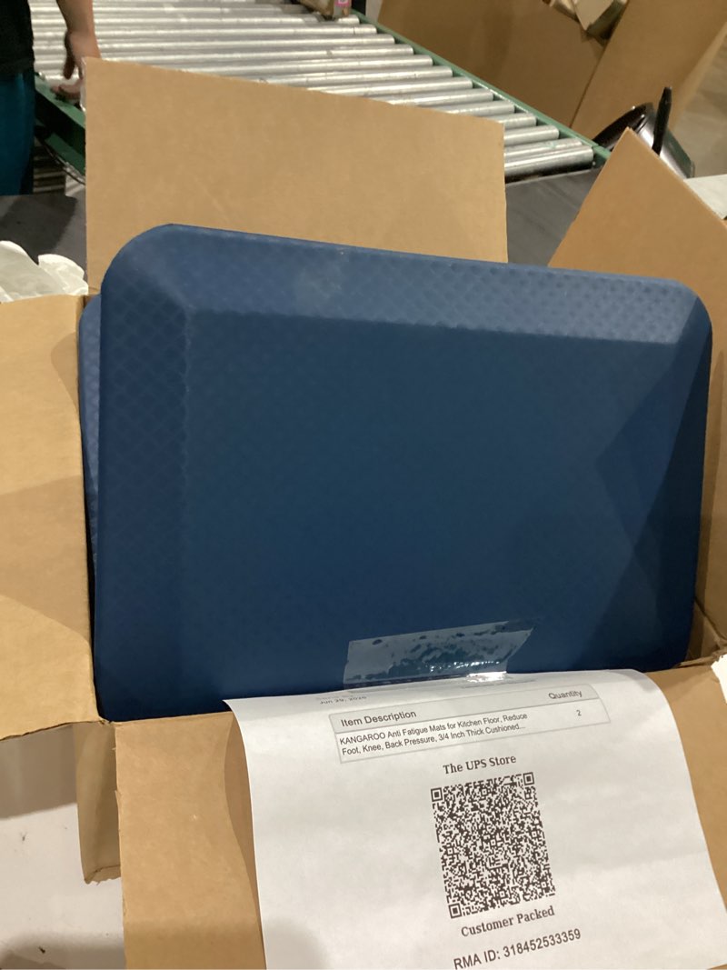 Condition photo showing As Is for kangaroo anti fatigue mats for kitchen floor, 70x24 runner, 3/4 inch cushioned ergonomic mat, reduce foot pressure, waterproof comfort rug for under sink, office standing desk, store floors, dark blue