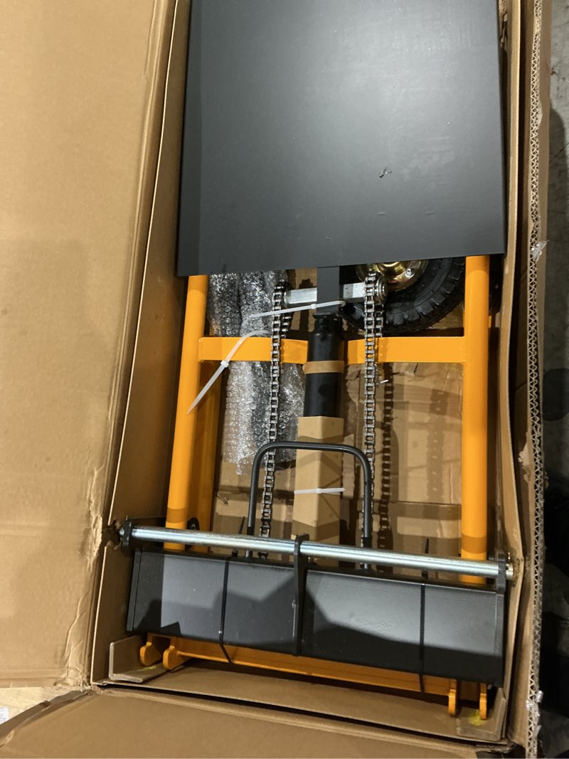 Condition photo showing Good Condition for mms foldable hydraulic material lift winch stacker, 450 lbs 35.8" max lift w/ 9" wheels 360° swivel casters, pallet truck dolly, fork lift table cart, pallet jack, removable platform, adjustable forks