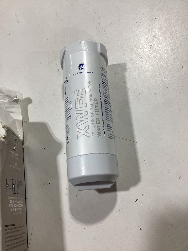 Condition photo showing As Is for ge xwfe refrigerator water filter, genuine replacement filter, certified to reduce lead, sulfur, and 50+ other impurities, replace every 6 months for best results, pack of 1