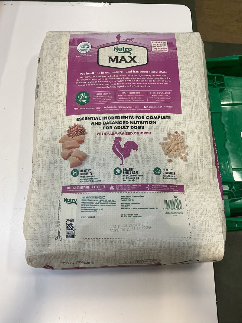 Condition photo showing New/Like New for (Best by date 1/13/2026) Nutro MAX Adult Recipe Dry Dog Food with Farm Raised Chicken, 12 LB Bag