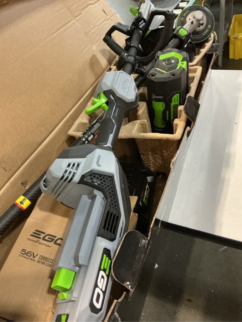 Condition photo showing As Is for ego power+ multi-head system with line iq, powerload 56-volt 17-in straight shaft attachment capable battery string trimmer 5 ah (battery included) (charger included)