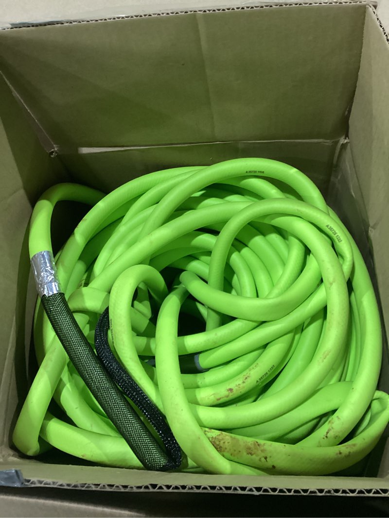 Condition photo showing As Is for flexzilla garden hose 5/8 in. x 100 ft., lightweight all-weather water hose, durable and flexible, leak-free connections standard grip 100ft chartreuse