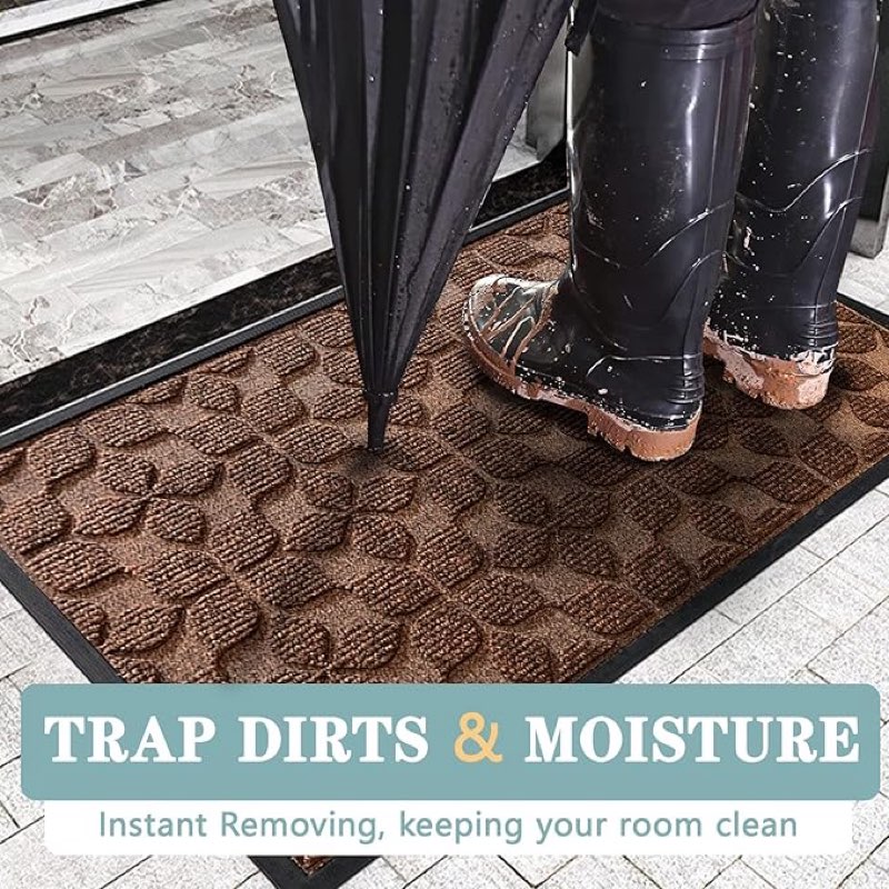 bulijojo sturdy front entrance doormats,durable heavy duty welcome mat,thick absorbent natural rubber non slip mat,easy clean entryway mat geometric brown 23\"x35\"