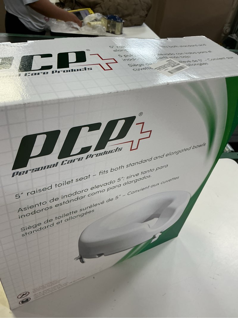 Condition photo showing New/Like New for pcp 5" elevated toilet seat, universal fit, tall profile rise height lift, tightening stability lock, portable bath safety commode support