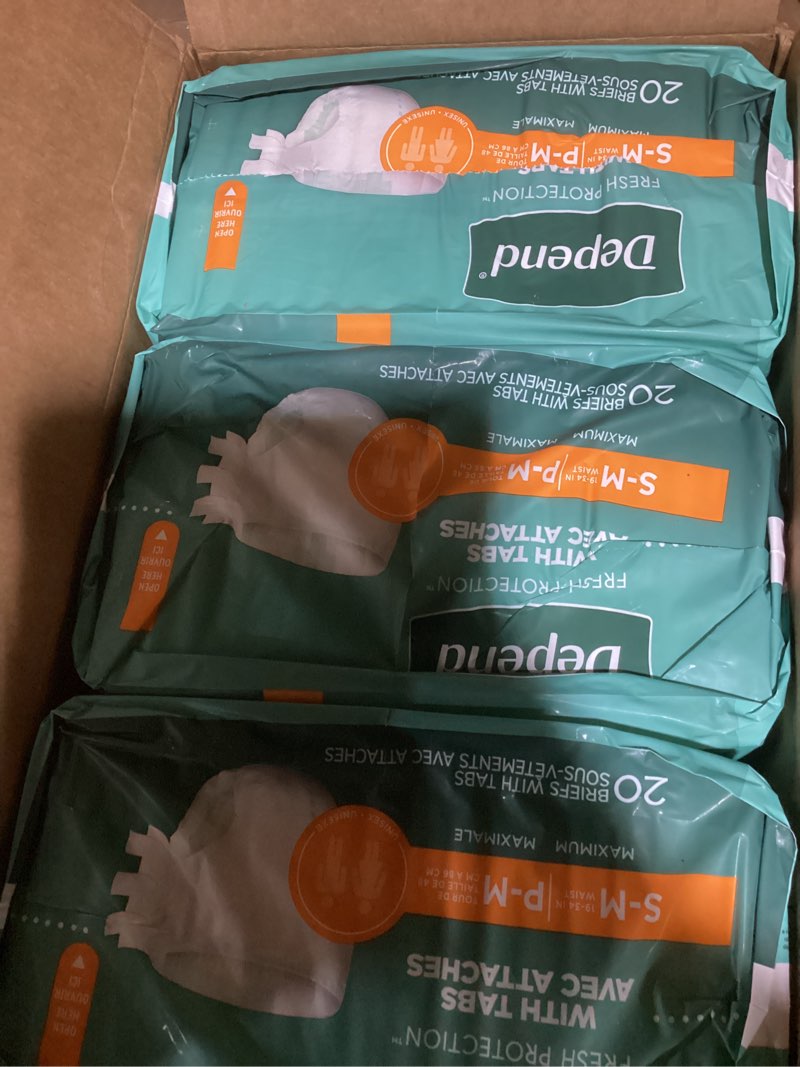 Condition photo showing New/Like New for Depend Incontinence Protection with Tabs, Unisex, Small/Medium (19–34" Waist, Up To 170 lbs), Maximum Absorbency, 60 Count (3 Packs of 20) Small/Medium (60 Count)