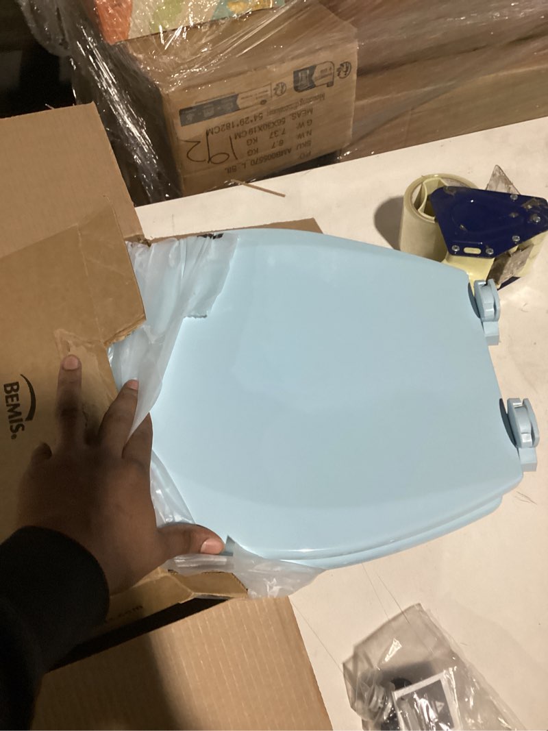 Condition photo showing As Is for Bemis 500EC 464 Wood Toilet Seat with Easy Clean & Change Hinges, Round, Dresden Blue Round Seat