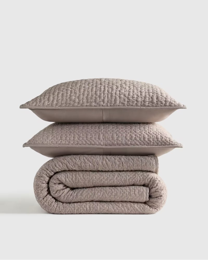 Organic Cotton Hand Stitched Quilt Set Color: Stone Size:108in x 92 in 