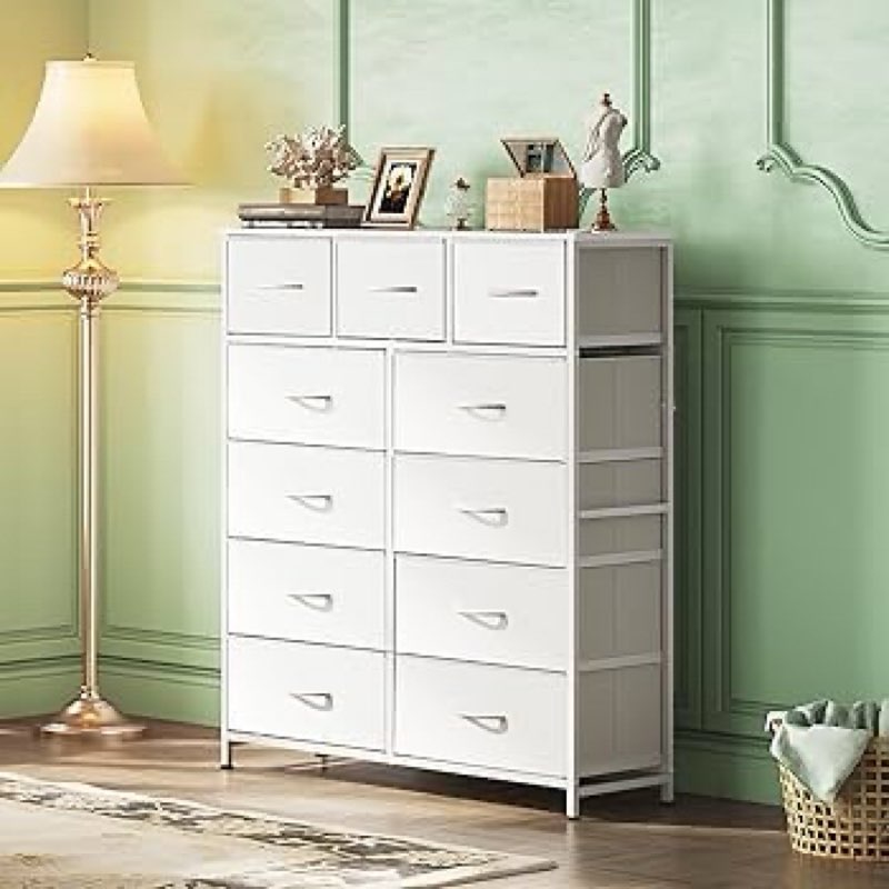 WLIVE Storage Organizer Unit with 13 Fabric Bins, Storage Drawers Organizer with Steel Frame, Tall Storage Tower Organizaton for Living Room, Hallway, Office, white