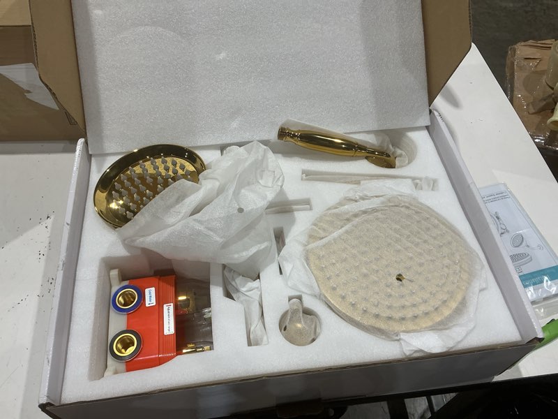 Condition photo showing Good Condition for enga antique dual shower head faucet set - 8" ceiling mount rain shower & 6" wall-mounted vintage rainfall + handheld spray combo, bright gold ?8"+6" head bright gold