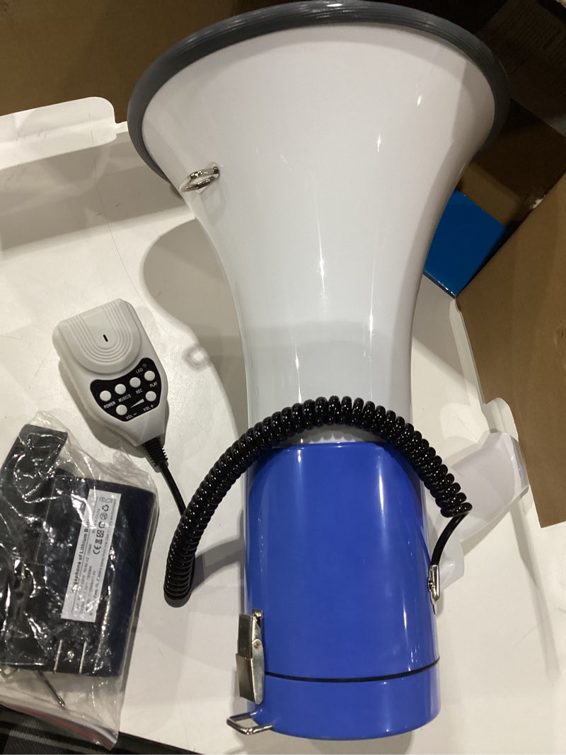 Condition photo showing Good Condition for 50 Watt Professional Bluetooth Megaphone Bullhorn Speaker with Rechargeable Battery & Portable Strap - Siren and Recording - USB/SD/AUX Input - for Police, Cheerleading, Outdoor Blue White