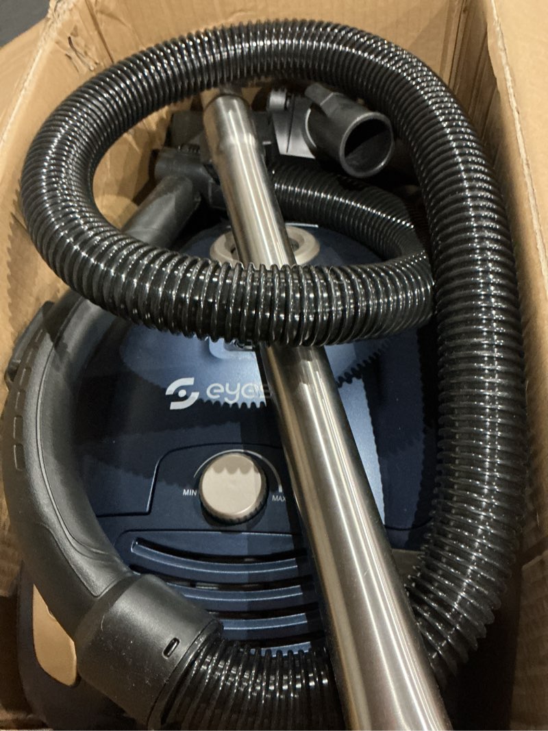Condition photo showing As Is for bagged canister vacuum cleaner,1400w powerful high-suction bagged canister vac with 3.7qt dust bags,pop-n-go brush,hepa filter,dual motors&4 cleaning tools,perfect for low-pile carpets&hard floors blue