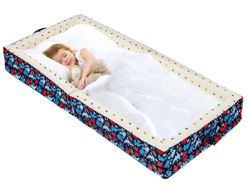 100% Cotton Lining Portable Foldable Toddler Travel Bed - Soft Foam Floor Bed with Washable Cover, Safe and Comfortable Toddler Crib, Ocean Blue