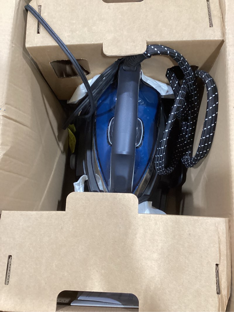 Condition photo showing As Is for rowenta steam station, stainless steel soleplate, professional iron steamer for clothes, 1.1l removable tank, fast heat up, 1800 watts, blue clothes iron, dg8624 xl steaming sessions - high pressure steam