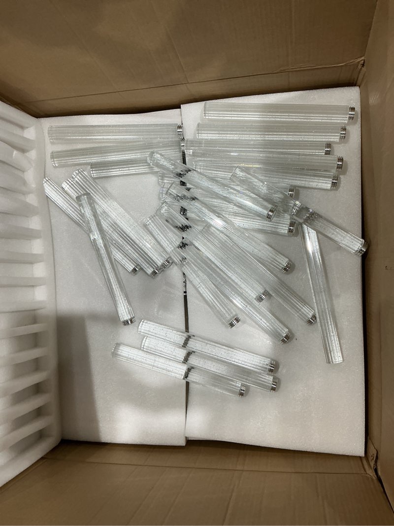 Condition photo showing As Is for modern 14.5ft led chandeliers for living room, dining room, entryway - dimmable crystal cylinder pendant lights 26 lights cylindrical