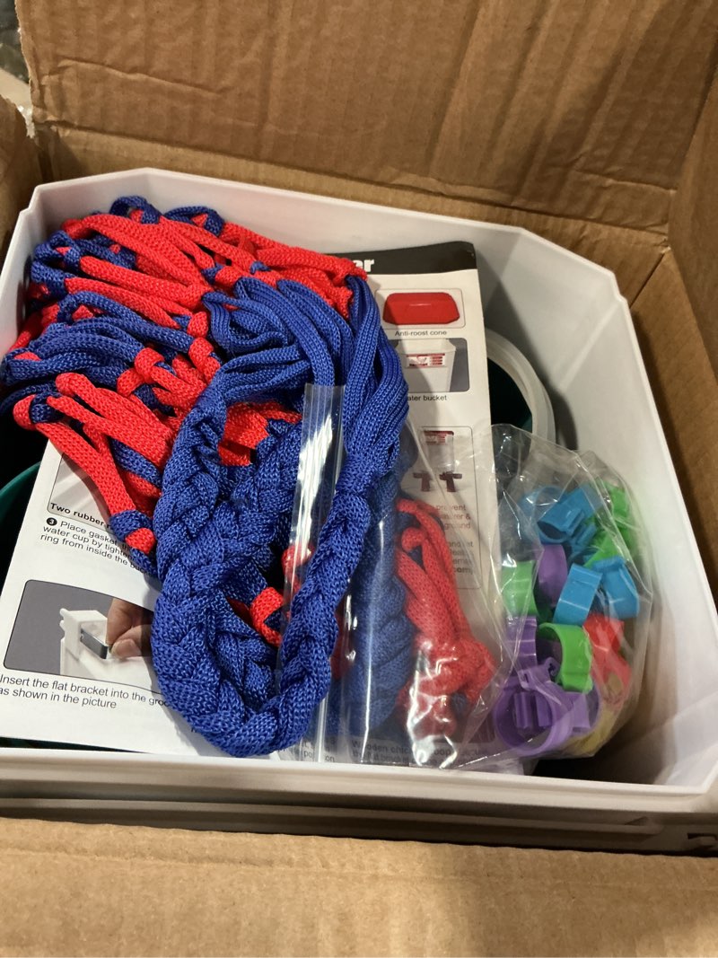 Condition photo showing As Is for Chicken Feeder and Waterer Set - 3 Gallon/26.5 Pounds, Automatic Chicken Waterer with 4 Cups & 3 Feeder Ports, No Waste Poultry Feeders & Waterers, Chicken Coop Accessories for Hens/Ducks/Poultry 26.5?LB / 3?GAL Blue