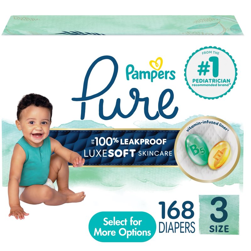 Pampers Pure Protection Diapers - Size 3, 168 Count, Hypoallergenic Unscented Disposable Baby Diapers