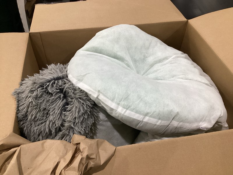 Condition photo showing Good Condition for Furhaven 30" Round Calming Donut Dog Bed for Medium/Small Dogs, Refillable w/ Removable Washable Cover, For Dogs Up to 45 lbs - Shaggy Plush Long Faux Fur Donut Bed - Gray, Medium Medium Gray