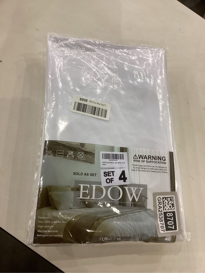 Condition photo showing New/Like New for EDOW Throw Pillow Inserts, Set of 4 Lightweight Down Alternative Polyester Pillow, Couch Cushion, Sham Stuffer, Machine Washable. (White, 18x18) 18"x18"