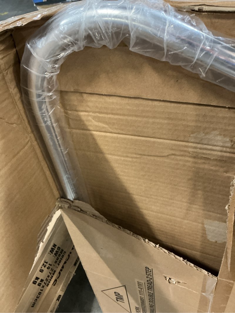 Condition photo showing Good Condition for taylor made products stepsafe double dock step handrail attachment, 19.5" w x 49" h, includes rail only, aluminum construction, added safety, fits 2-step models - 47201, silver, white, black double tread steps