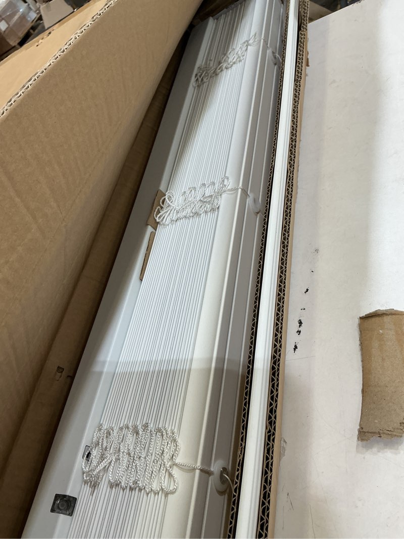 Condition photo showing As Is for lotus & windoware cordless mini blind, 1" vinyl slats, 34" wide x 72" long - white, window blinds for home and office, interior door blinds - light filtering