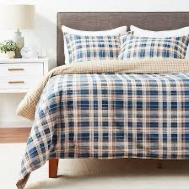 Condition photo showing New/Like New for Eddie Bauer - Twin Duvet Cover Set, Reversible Bedding with Matching Sham, Plaid Bedding Set (Port G