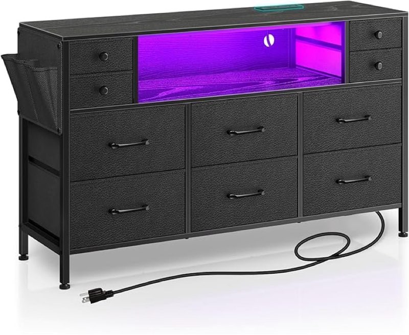 Rolanstar Dresser with Power Outlets and LED Lights, 10 Small Drawers Dresser with Side Pocket, Fabric Chest of Drawers with PU Finish, Wood Top for 55inch TV, Bedroom, Black, L