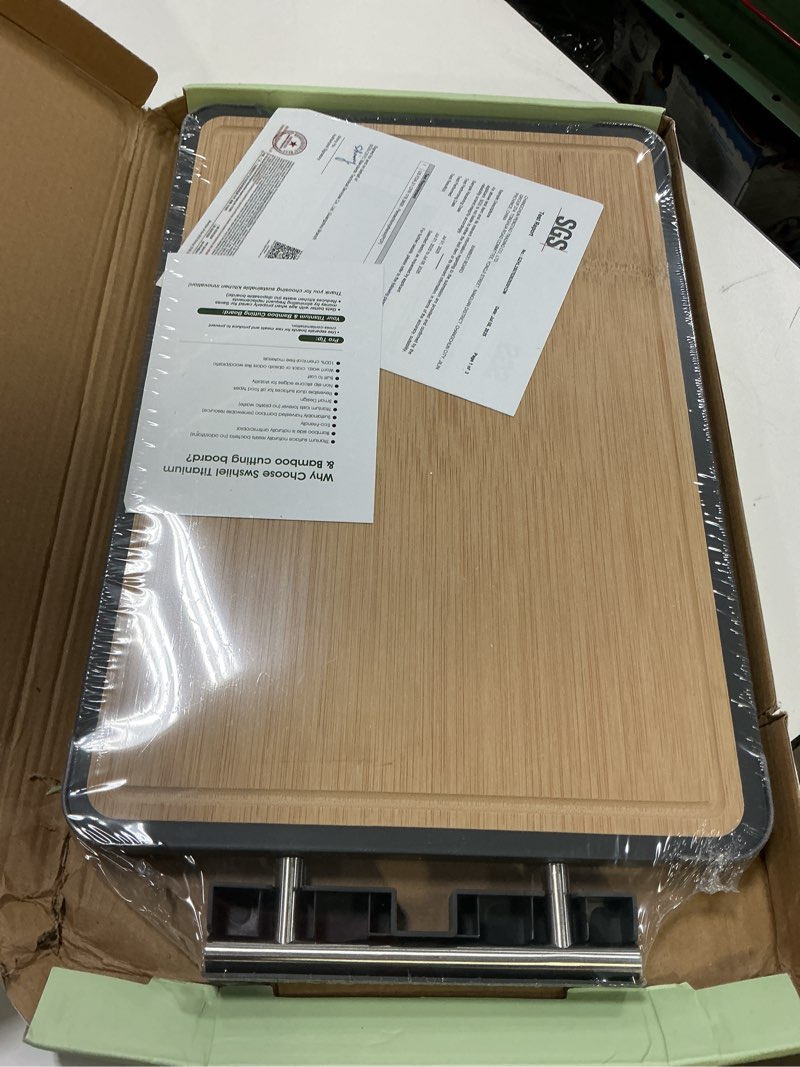 Condition photo showing New/Like New for Cutting Boards for Kitchen - Food Grade Double Sided Pure Titanium& Bamboo Chopping Board with Handle, Slip resistant Non-toxic Charcuterie Board Housewarming Gifts (16×11)