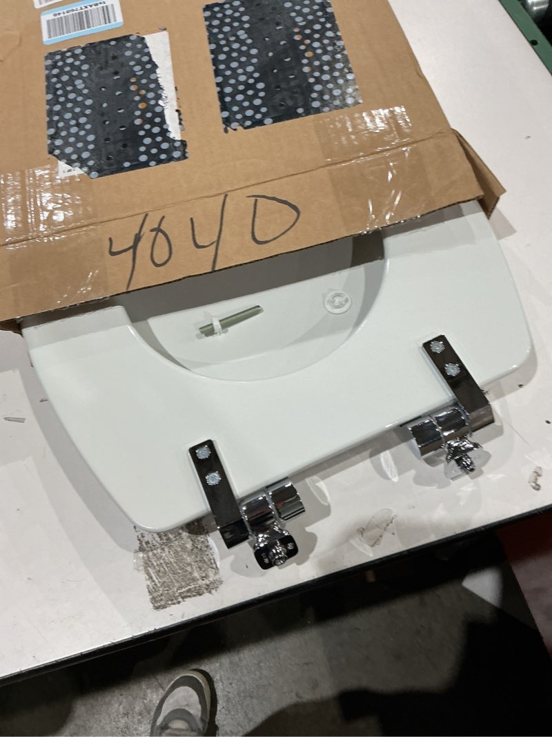 Condition photo showing As Is for mayfair benton? elongated enameled wood toilet seat in white with sta-tite? seat fastening system? and whisper•close? chrome hinge
