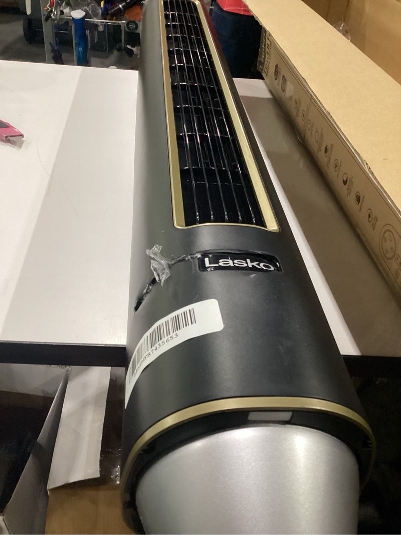 Condition photo showing As Is for damaged missing remote lasko pinnacle 40  12-speed tower fan  32 ft/s airflow  carbon x filtration remote  black  dst100