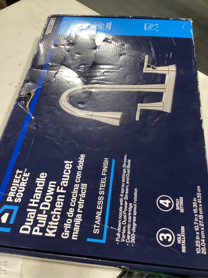 Condition photo showing As Is for Project Source Stainless Steel Double Handle Deck-mount Pull-out Kitchen Faucet with Sprayer