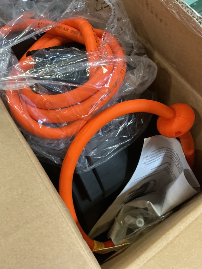 Condition photo showing Good Condition for vevor retractable air hose reel, 3/8in x 50ft hybrid air hose max 300psi, air compressor hose reel with 5 ft lead in, ceiling/wall mount enclosed air reel, 180° swivel mount enclosed reel 3/8in x 50ft
