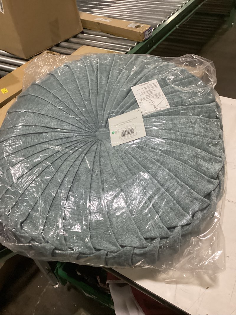 Condition photo showing As Is for intelligent design loretta floor pillow, large cushions sitting for adults, floor pillow for meditation or yoga, lustrous chenille button tufted, pleated design for bench/chair, 22"x22"x6", aqua round aqua dia 22" x 6"h