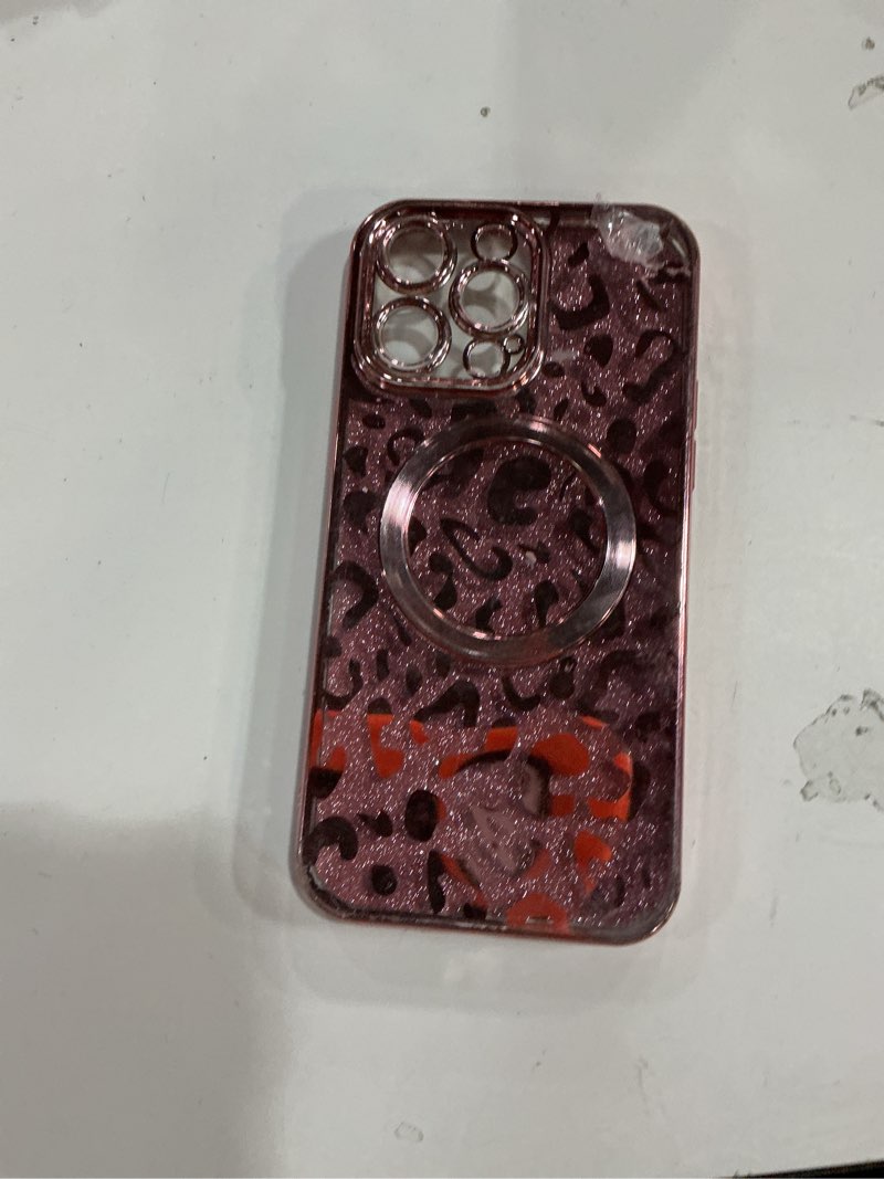 Condition photo showing Good Condition for for iPhone 14 Pro Max Case Magnetic,Soft Cute Luxury Leopard Cheetah Pattern Plating Glitter Bling Phone Case Compatible with MagSafe Clear Shockproof Back Cover for Women Girl 6.7"-Pink