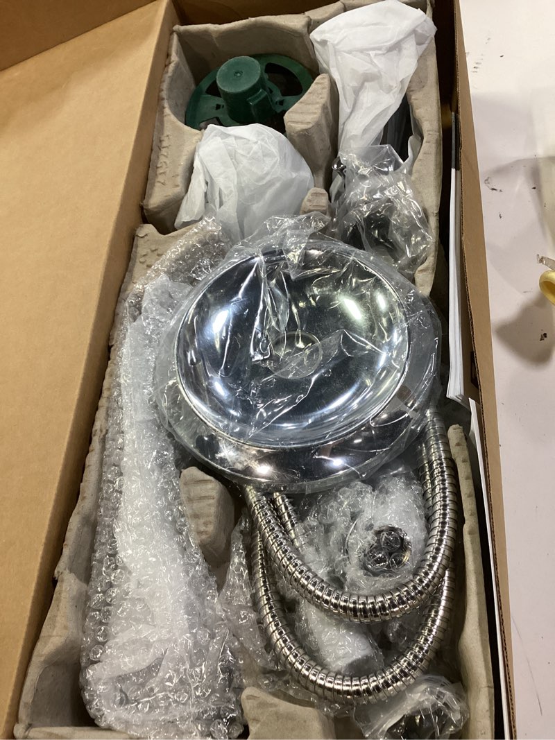 Condition photo showing As Is for moen engage magnetix chrome multi-function handshower and rainfall shower head trim combo with shower handle, tub spout, metal hose, and valve, 82304