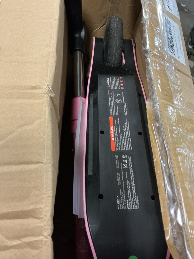 Condition photo showing As Is for lingteng electric scooter for kids age 6-10, kick-start boost scooter with adjustable speed and height, flash wheel & deck lights black