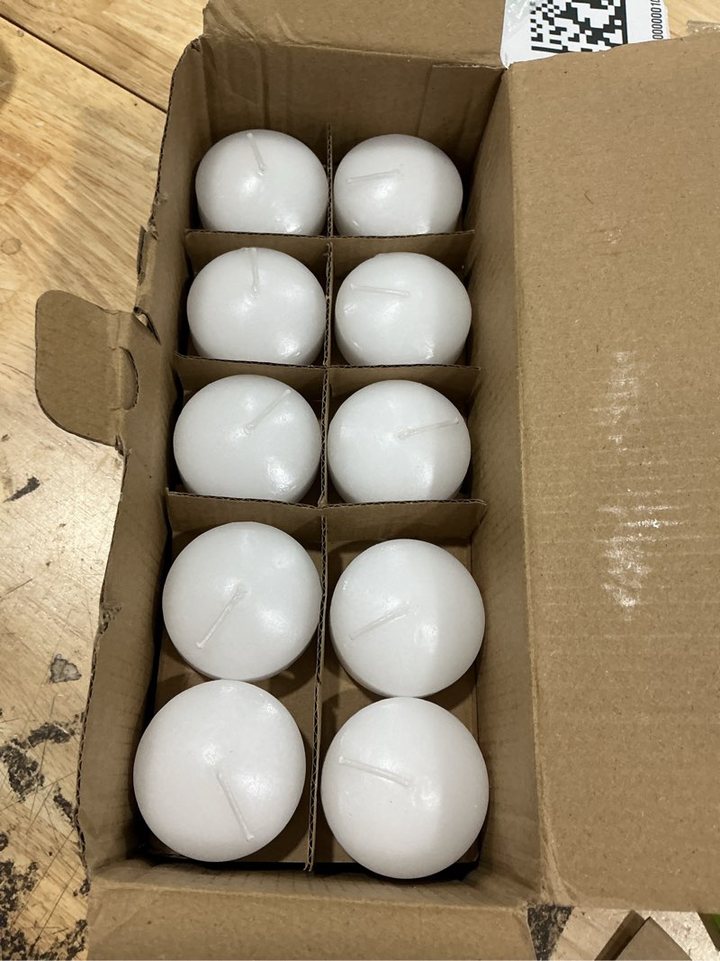 Condition photo showing As Is for 50 pack floating candles, 2'' white unscented dripless wax burning candles, for cylinder vases, weddings, party and holiday 50pack   it only has 42 pieces