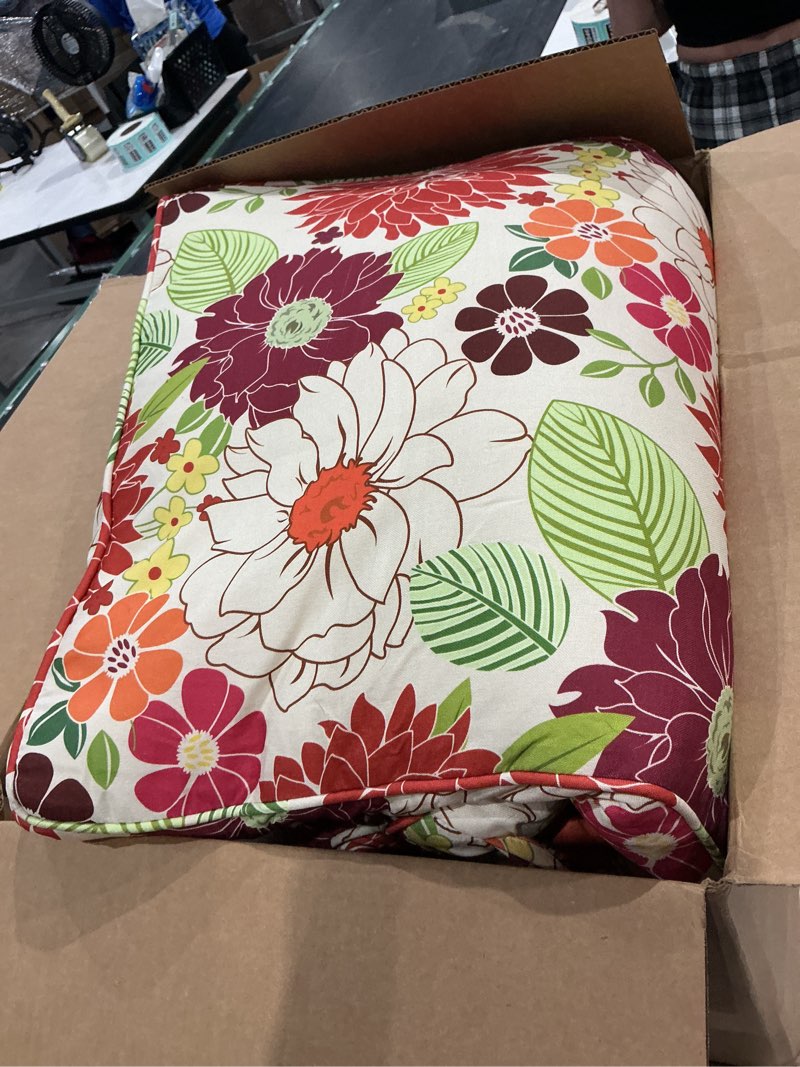 Condition photo showing As Is for set of 4 outdoor dining chair cushions, comfort patio seating cushions, 44 x21x4.5 inch, single welt and zipper (blooming fiesta) blooming fiesta 4