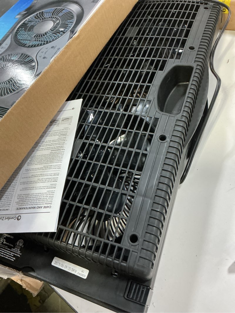 Condition photo showing As Is for Comfort Zone Window Fan for Bedroom, 9 inch 3 Speed Dual Fans with Auto-Locking Expanders, 3 Modes (Cool, Circulate, Exhaust), Remote Control, Fabric Cover plus Bug Screen, Black Black 3-Speed w/Remote